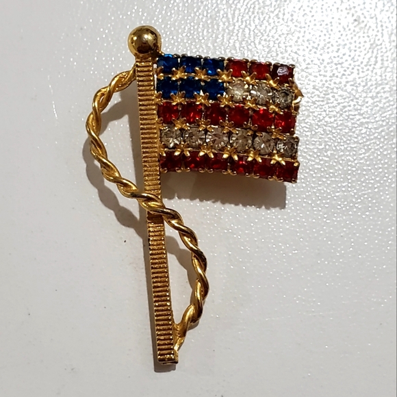 4th of July American Flag Red White & Blue CZ Rhinestone Brooch Pin - Picture 1 of 4
